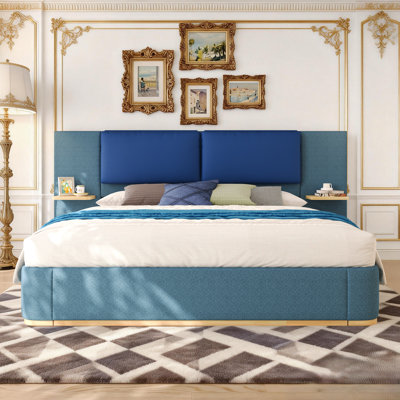 Upholstered Platform Bed with Extended Headboard and Floating Nightstand, Low Profile Bed Frame without Footboard, Blue Upholstered, Queen