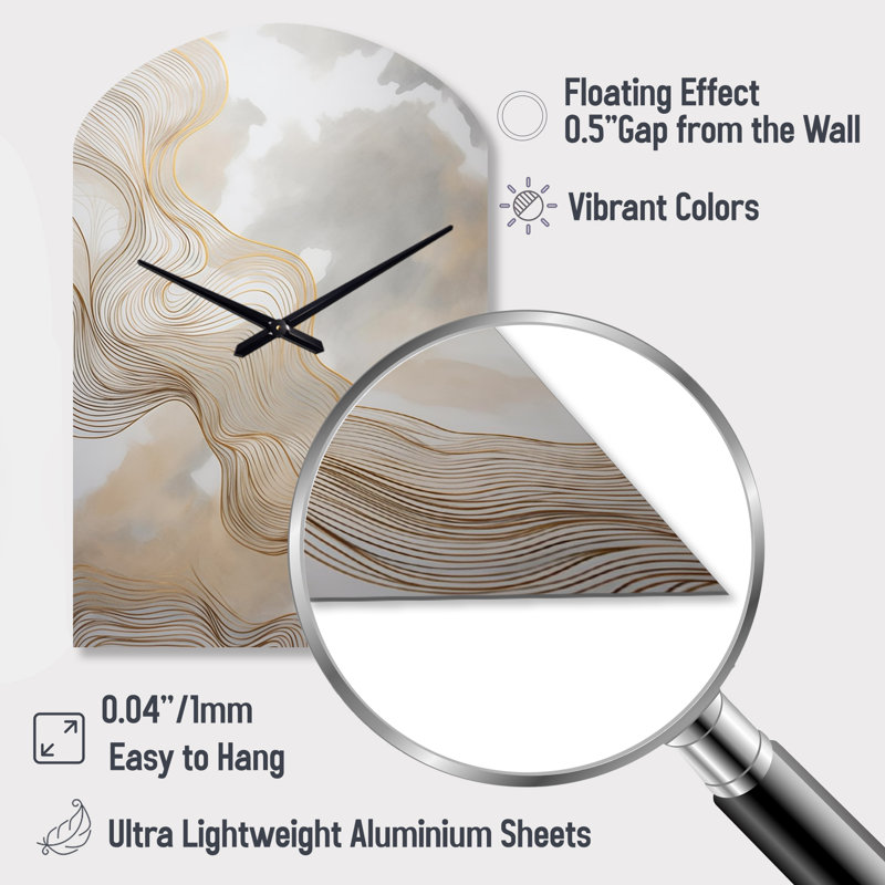 Gold And Grey Linear Expressions V - Line Art Asymmetrical Metal Wall Clock, Gold Arch Wall Clock Print, Medium