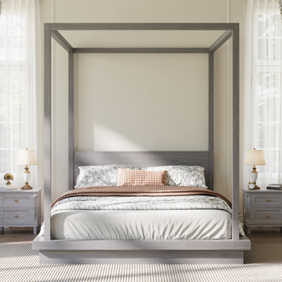 Grand lit plateforme à baldaquin en bois massif avec tête de lit, cadre de lit en bois classique pour la chambre à coucher, aucun sommier tapissier requis, gris