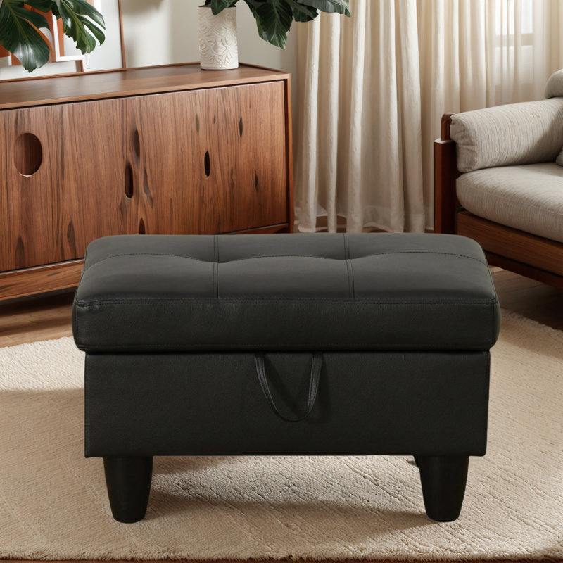 Enitan Faux Leather Ottoman, Black, Black
