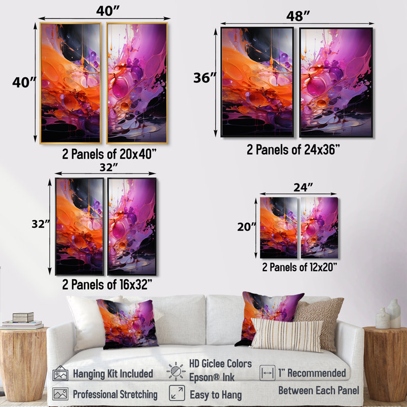Collage abstrait orange mauve à motif de fractales - décorations murales orange 2 pièces, H 32 po x l 32 po, Blanc