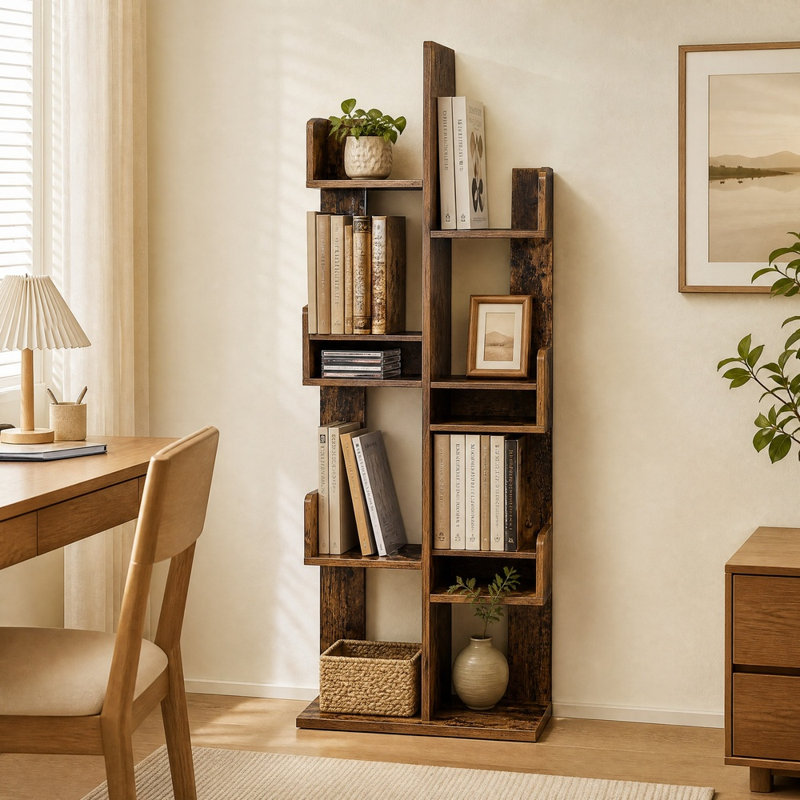 Nemec Geometric Bookcase, Rustic Brown