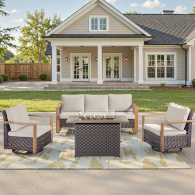 Ensemble de mobilier de jardin extérieur, conversation de patio en osier 4 pièces avec sièges profonds, coussins épais, fauteuil club d'extérieur, mobilier d'extérieur en métal avec table de foyer au gaz