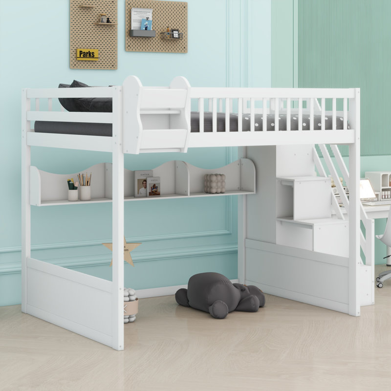 Wooden Loft Bed With Staircase And Wardrobe,Storage Shelves And Under-Bed Space