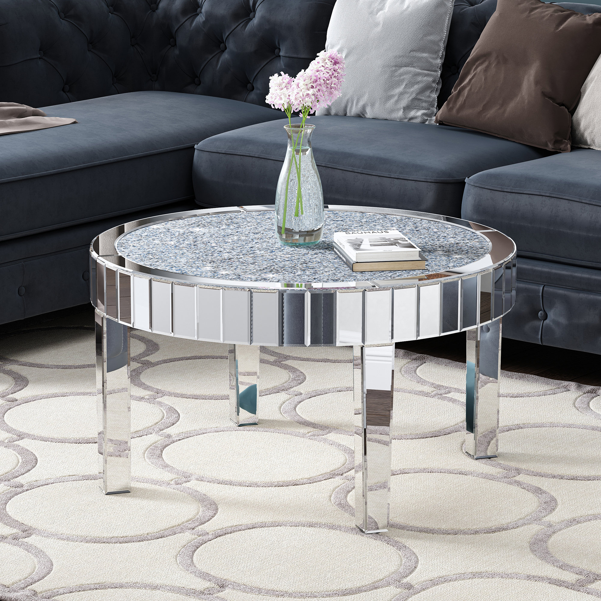 Everly Quinn Amla Modern Mirrored Coffee Table with Crystal Inlay ...