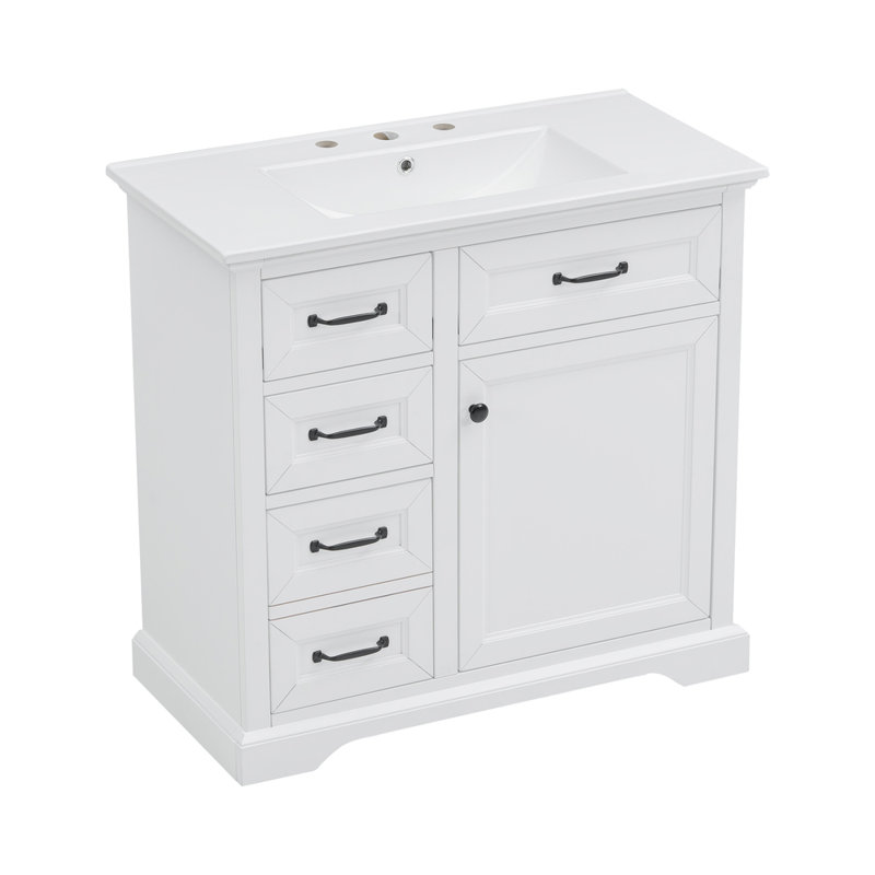 Meuble-lavabo autoportant de 36 pouces avec comptoir en céramique avec 4 tiroirs, porte à fermeture en douceur et trous de robinet pré-percés de 8 pouces (blanc)