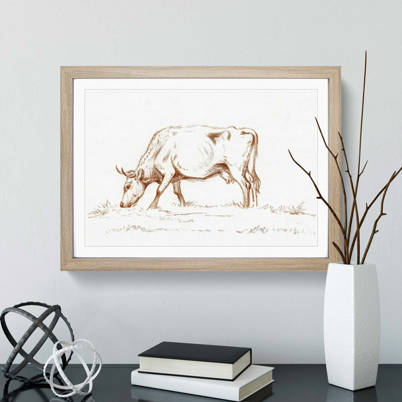 Grazing Cow by Jean Bernard - Picture Frame Drawing Print, Oak Framed, 48cm H x 65cm W x 2cm D