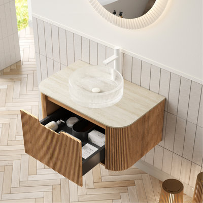 Transparent Round Basin 30" Bathroom Vanity, - Pattern Sintered Stone Countertop, Wall Mounted Cabinet With 3D Drawer, Soft Close System For Smooth Operation, Pre Assembled Vanity Glass In Crystal,