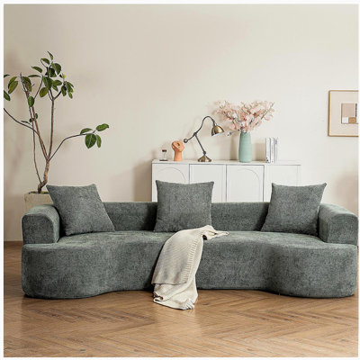 Canapé incurvé de style moderne, canapé en velours côtelé doux avec 3 coussins, canapé en tissu lisse incurvé de salon de couleur verte