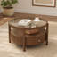 Table basse ronde à finition noyer avec structure en bois massif, plateau de table en verre et tiroir de rangement intégré, table basse Mid-Century circulaire à 2 niveaux pour la décoration du salon
