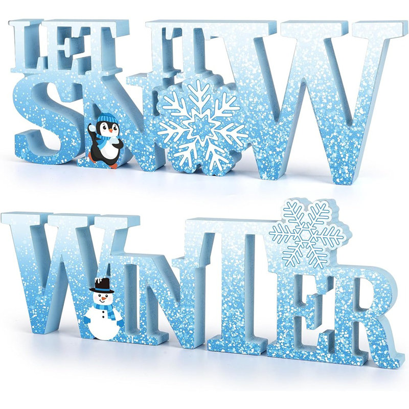 Plaque en bois «Let It Snow» - Bleu et blanc - Décoration de table flocon de neige pour la maison, le bureau, une tablette ou un manteau de cheminée