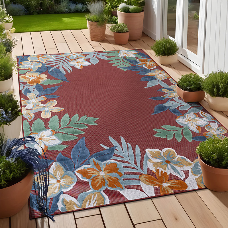 Tapis floral d'intérieur pour l'extérieur, Red, Rectangle 9' x 12'