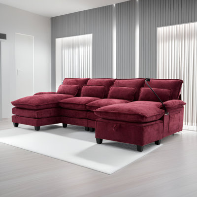 106" U Shaped Sectional Sofa Set with Storage Ottoman & USB Ports, Modular Cloud Couch with Chaise Lounge & Pillows