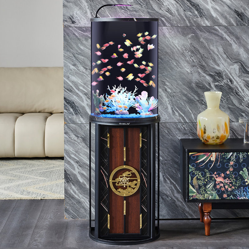 Aquarium cylindrique en acrylique avec décorations de bon augure et volant