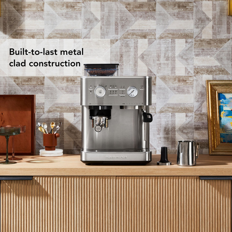Semi Automatic Espresso Machine with Burr Grinder in Juniper, Stainless Steel