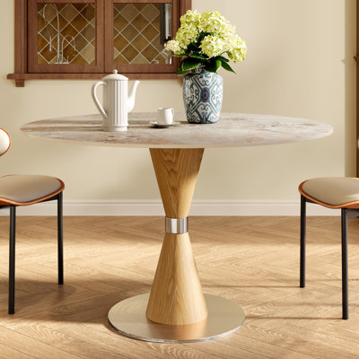 39" Mid-century Round Dining Table With Premium Sintered Stone Tabletop & Sturdy Metal Pedestal Base For 2-4 Person In Small Space, Apartment, Breakfast Nook