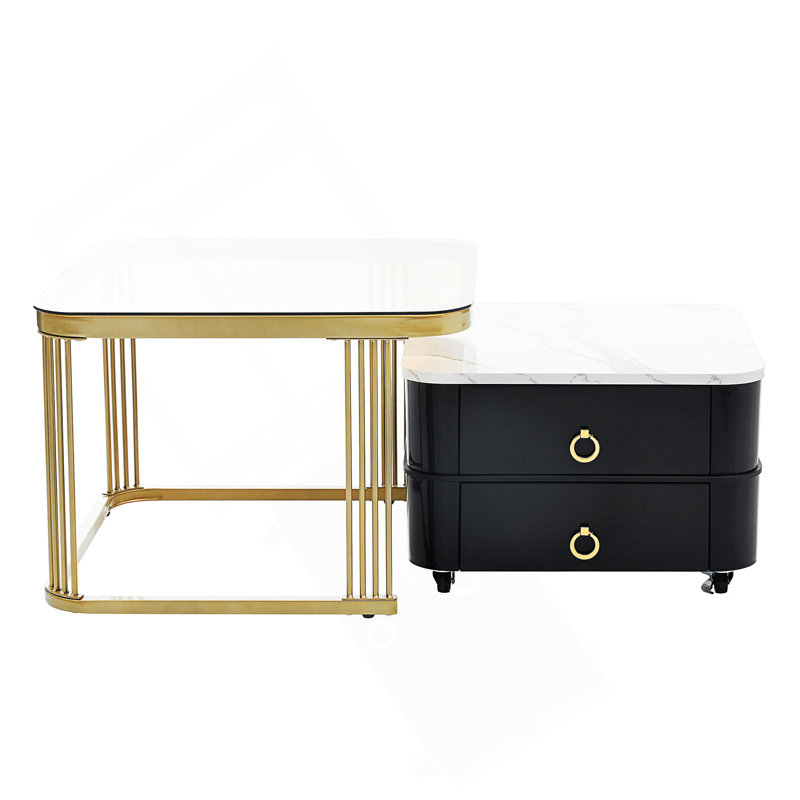 2-In-1 Square Nesting Coffee Table With Wheels & Drawers, Stackable Side Table With High Gloss Marble Grain Top, End Table Set With Tempered Glass For Living Room