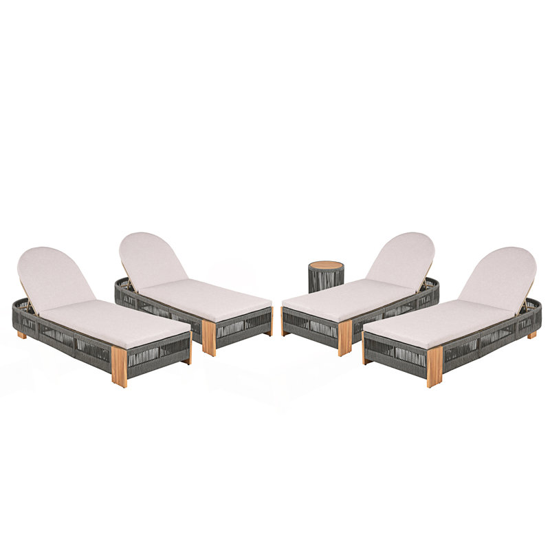 Ensemble de chaise longue d'extérieur en corde, 2 chaises longues de patio avec 1 table d'appoint et coussins, 2
