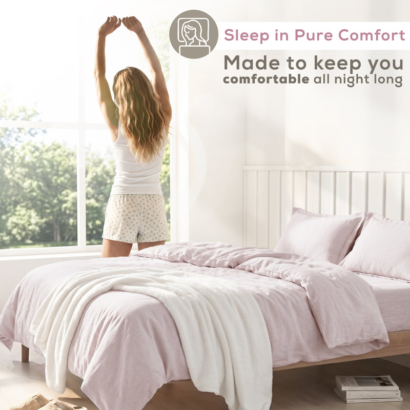 Ensemble de housse de couette 100% coton percale uni - Comprend 1 housse de couette et 2 taies décoratives, Rosé