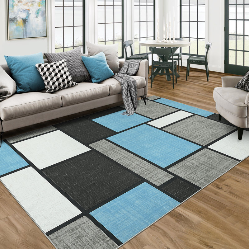 Tapis bleu délavé à motif géométrique lavable, Rectangle 5 pi x 7 pi