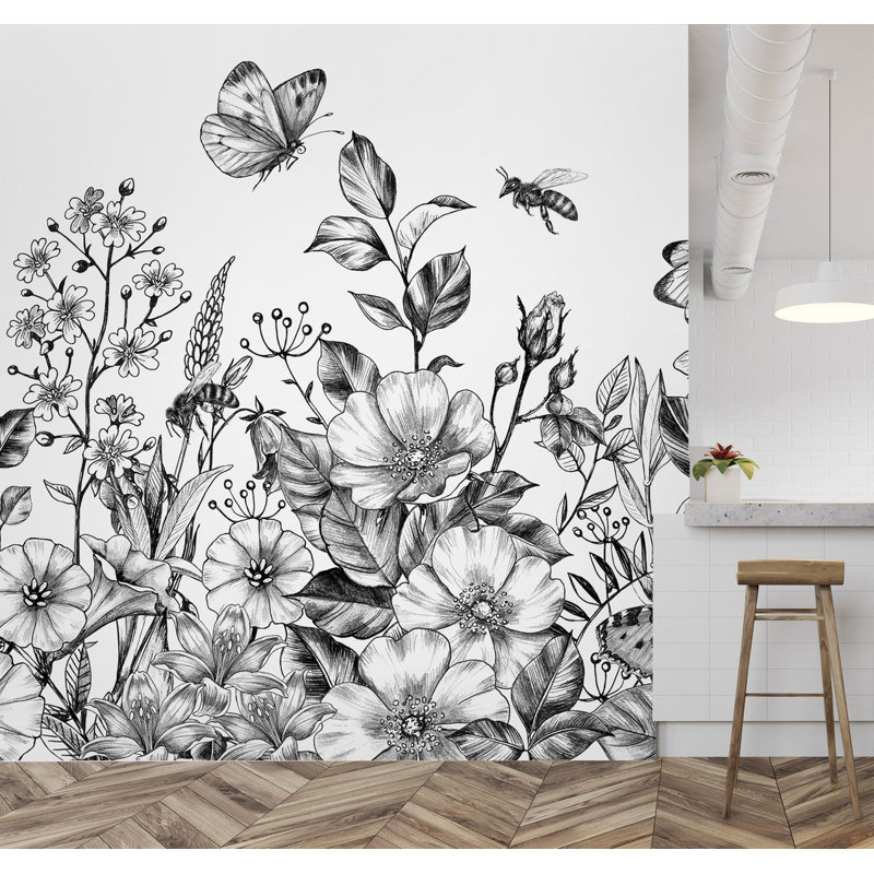 Papier peint amovible floral exotique noir et blanc, L 98,04 po x l 150 po