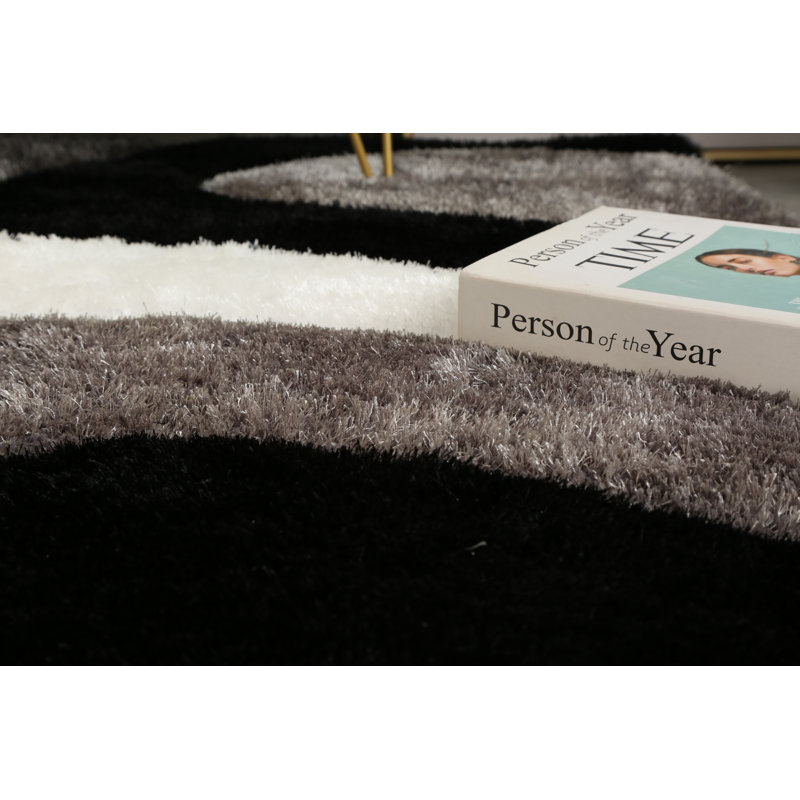 Thionville Shag Black/Grey Shag Area Rug, Round 7'
