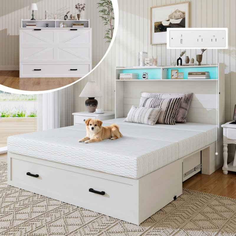 Lit escamotable Queen blanc avec tiroirs et étagères de rangement, chargement USB/Type-C, lumières DEL RVB, lit mural anti-basculement pour petits espaces