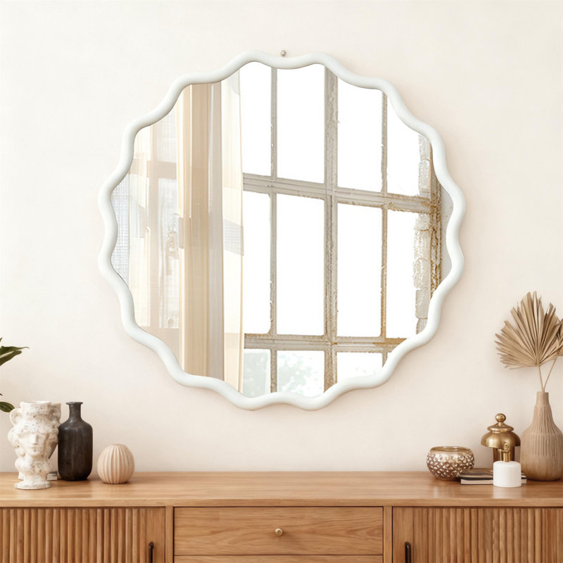 Miroir décoratif rond blanc en bois massif ondulé 30 pouces, Blanc, 30 po x 30 po