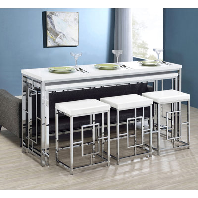 White 5 Dining With Pot Rack, Counter Height, Contemporary Style For Living Areas, Two Tables And Three Stools, Silver Finish, Tops, Faux Leather Upholstery, Small Table Adaptability Stool , Modern