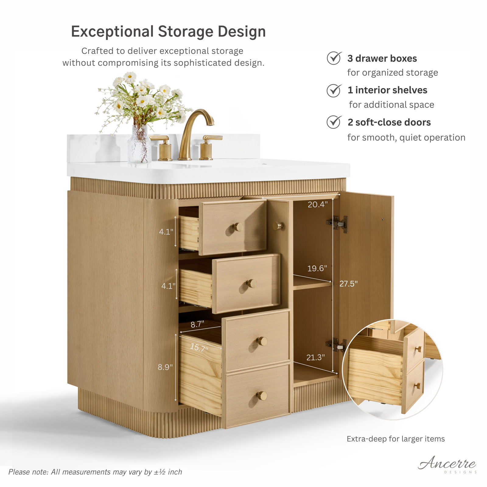 Aston Oak Single Bathroom Vanity, Natural Oak, 36 inch