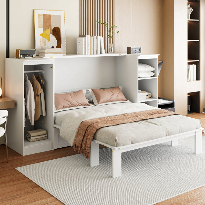 Lit escamotable simple avec tablettes de chevet et garde-robe, blanc