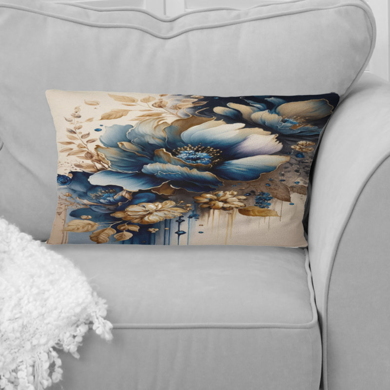 Coussin décoratif imprimé floral bleu et doré III