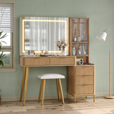 47.2'' Fluted Makeup Vanity With LED Mirror, 5 Drawer Desk With Charging Station And Jewelry Cabinet, 3 Color Lighting Modes, Natural