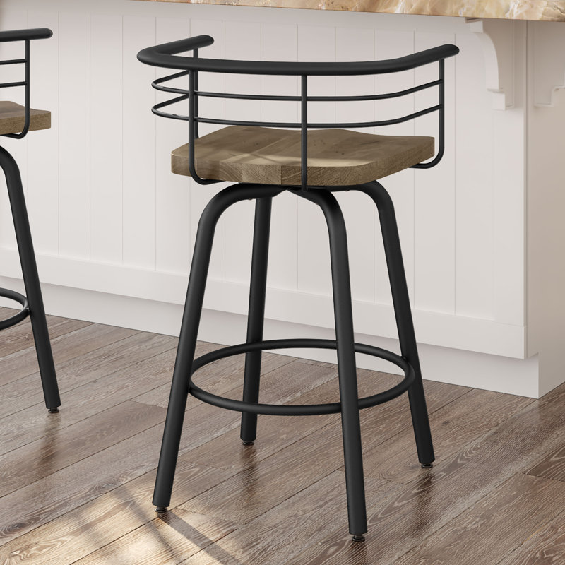 Tabouret de bar et de comptoir pivotant en bois massif Friedell, Métal noir texturé, Bois beige