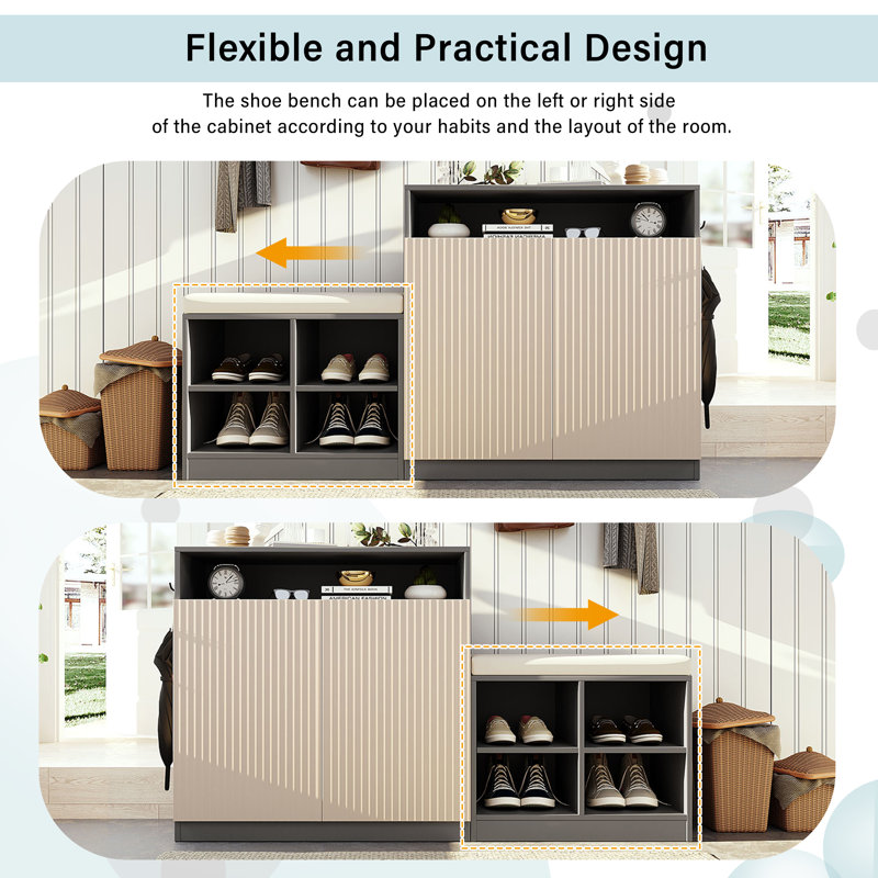 Banc de rangement pour chaussures de 55 po de large avec coussin et armoire, Gris/beige