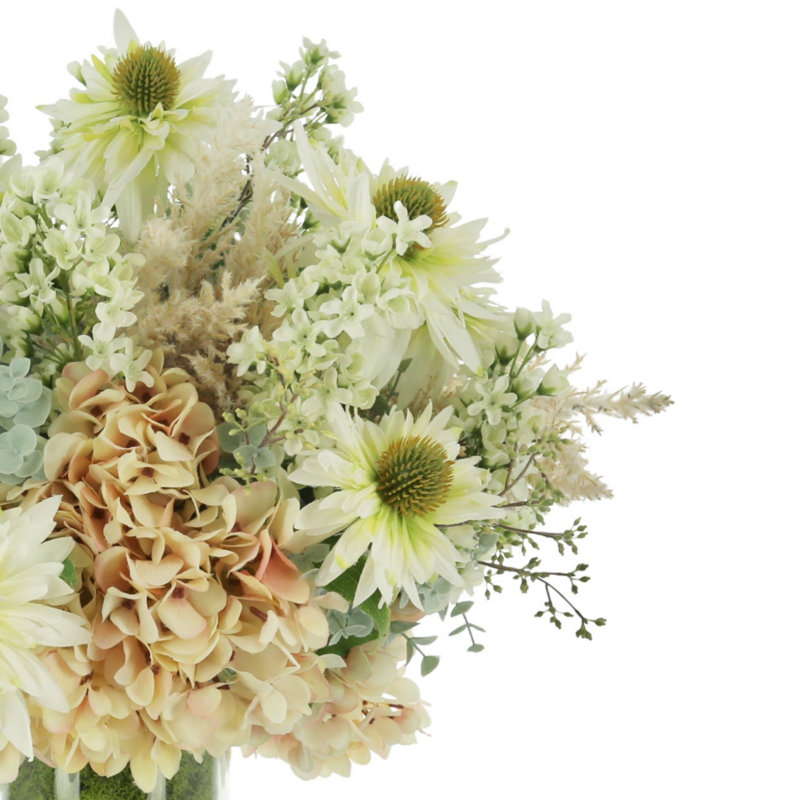 Hydrangea, Daysis,Lilac And Pampas Arrangement In A Glass Vase With Moss