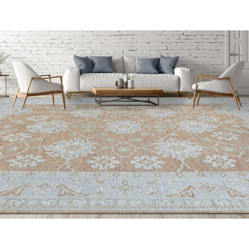 Hand Knotted Wool Oriental Area Rug in Rust/Light Blue