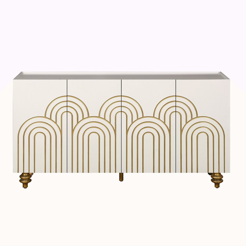 Buffet moderne cannelé avec rangement, élément courbe avec lignes strictes, armoire de rangement à 4 portes avec tablettes réglables pour la cuisine, la salle à manger et le salon