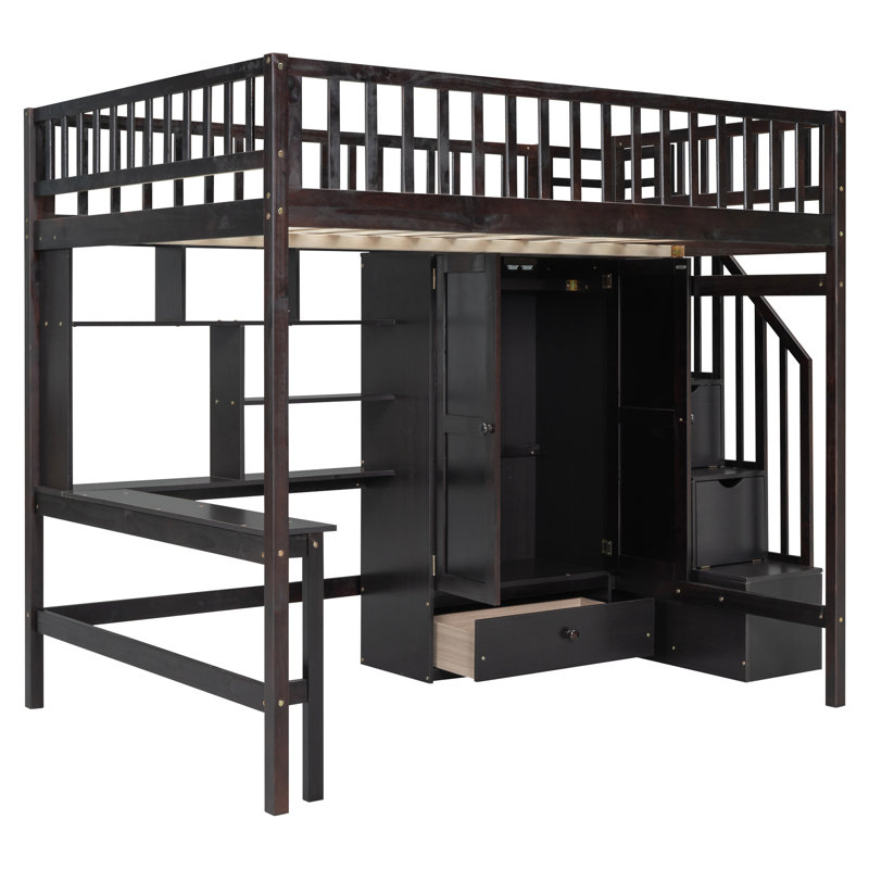 Full Size Loft Bed - . With Bookshelf, Drawers, Desk, And Wardrobe. Constructed With Strong Pinewood . Playhouse Inspired Design. Fence Shaped Attraction. 94.4"L X 57"W 72"H. Mattress Not Included.
