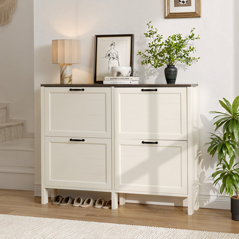 Slim Shoe Storage Cabinet with Doors and Adjustable Shelves for Entryway, 4 Doors, Beige/Brown