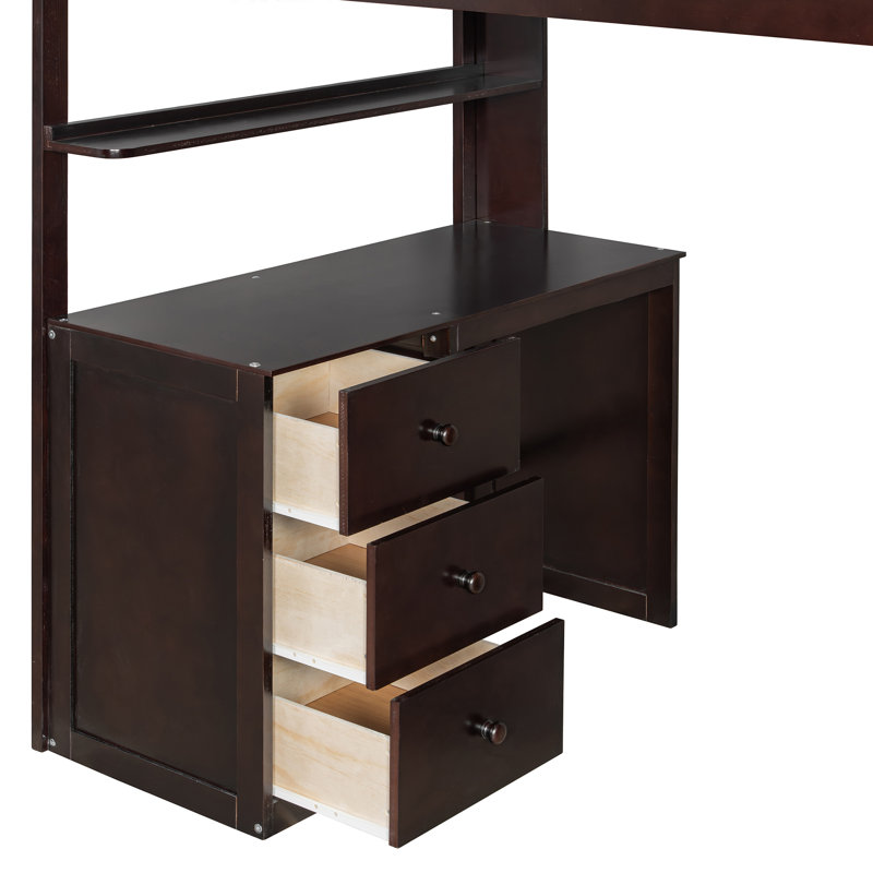 Lit mezzanine avec bureau intégré, tablette de rangement, 3 tiroirs et garde-robe, Twin, Espresso