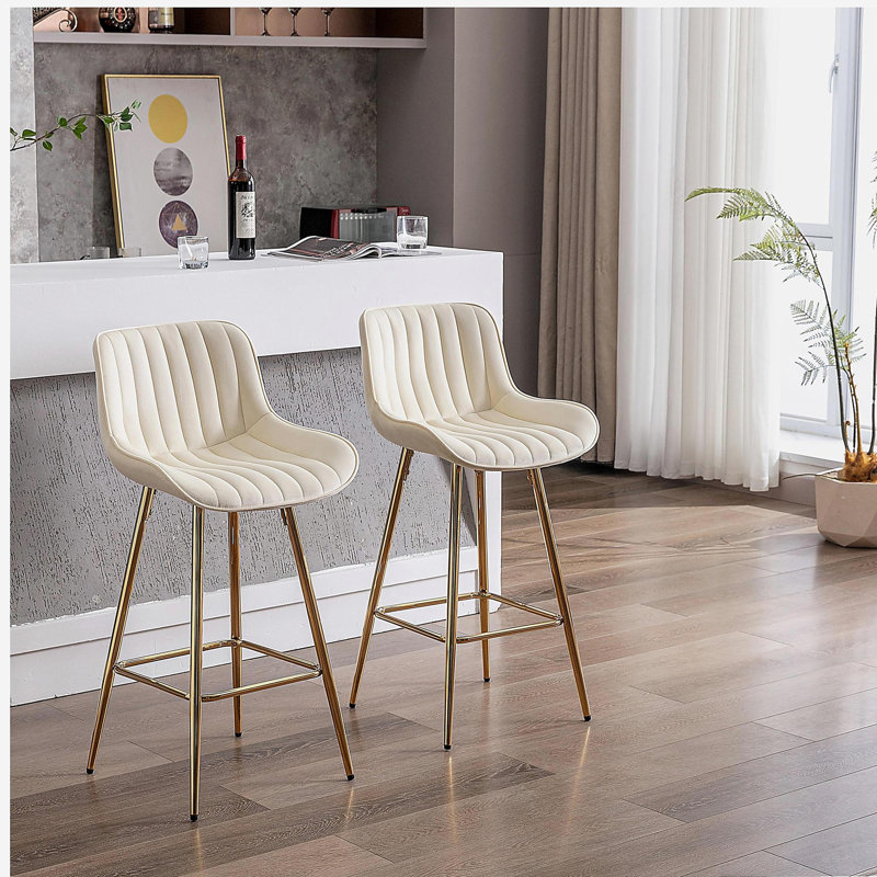 Ensemble de tabourets de bar 2 pièces, avec repose-pieds chromé et surface en tissu, fauteuil simple, Beige