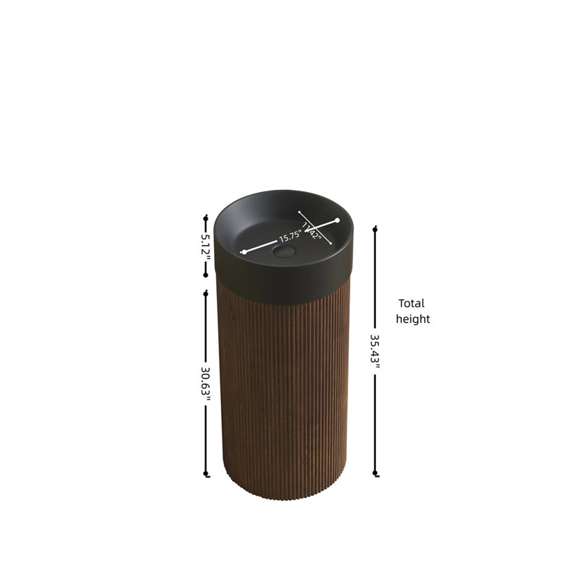 Armoire cylindrique autoportante 16 po JINBO, cuve à surface solide ronde noire avec trou pour robinet, sans couvercle d'évier, sans robinet et ensemble de drain, couleur grain de bois noyer