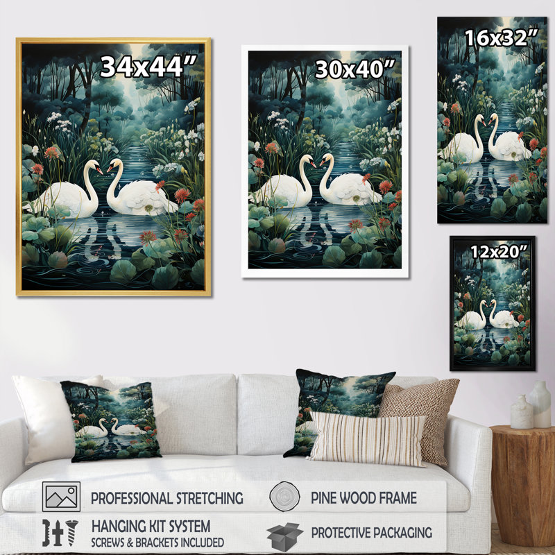 Cygnes, amour éternel, art mural sur toile, Cadre flottant noir, H 32 po x l 24 po