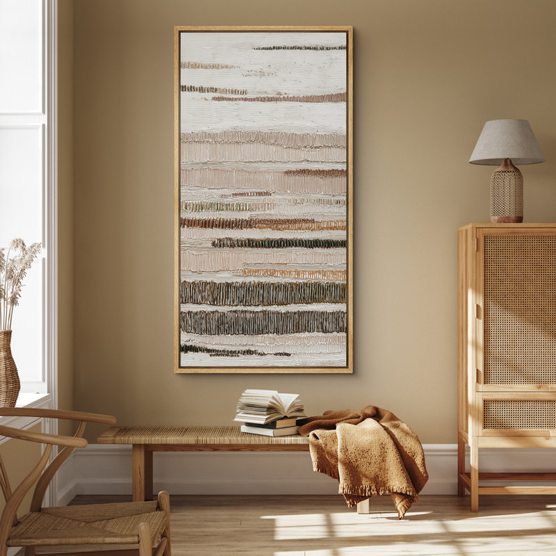 Neutral Horizontal Stripes in Beige and Brown - Large Framed Canvas Master Bedroom Wall Art Print, Natural