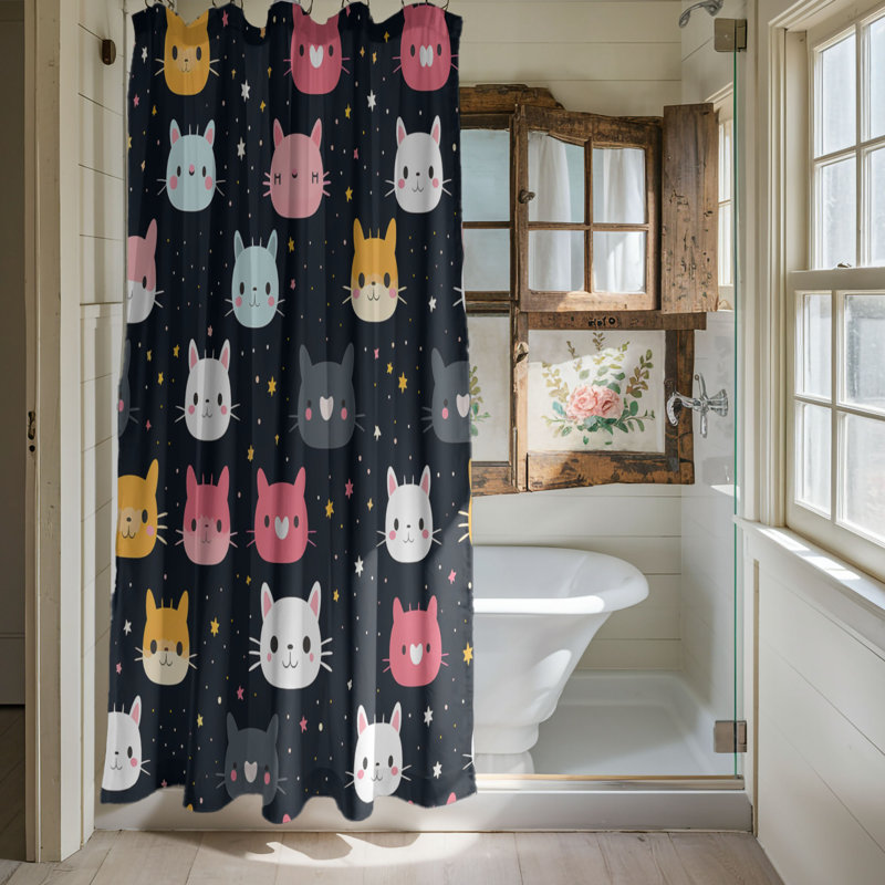 Rideau de douche 1 pièce Whimsical Feline Motifs, H 74 po x l 71 po