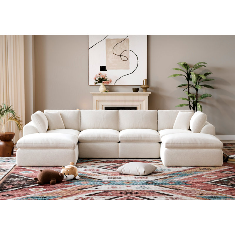 U-Shape 6-Seat Sectional Sofa With Ottomans, 139" Wide, No-Assembly Cloud-Style Design, High-Density Boneless Compression Foam, White