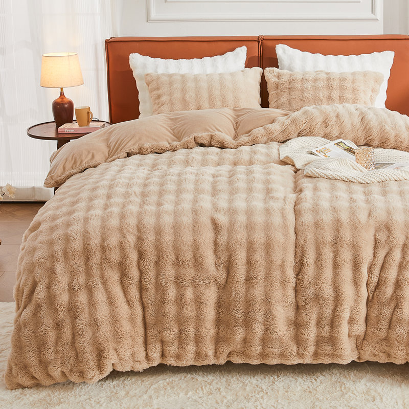 Ensemble de literie à poil long EMME Luxury Elegant Shaggy Bubble, Housse de couette lit simple TG + 1 taie décorati, Chameau