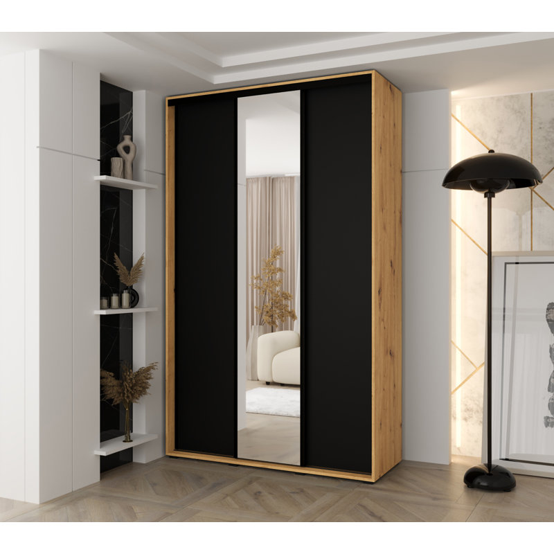3 Door Manufactured Wood Wardrobe, 235.2cm H x 160cm W x 45cm D, Black/Natural