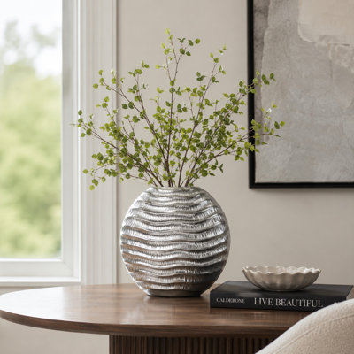 Tyler Round Vase with Textured Wave Pattern Design, Silver Ceramic 14 Inch